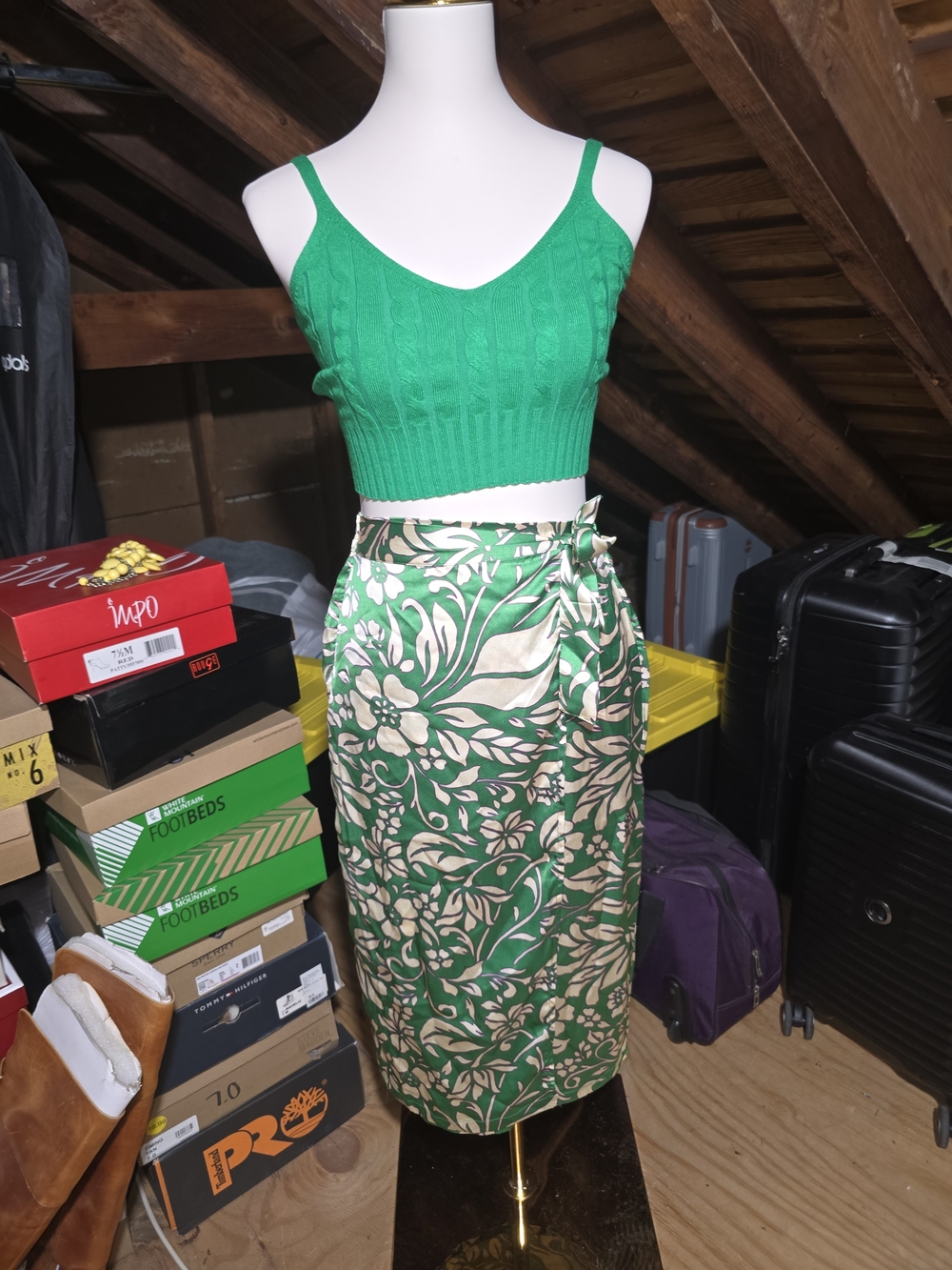 Green Floral Wrap Midi Skirt